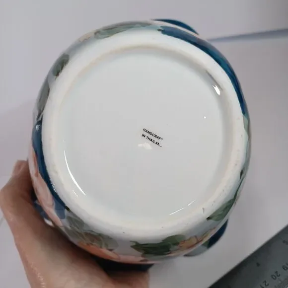 Ruffled Ceramic Basket Handcrafted Blue White Pink Floral Twisted Handle - Picture 8 of 11